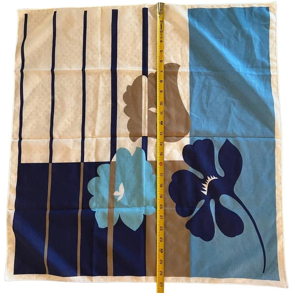 Vintage Abstract Floral Scarf 26” Square Blue White Tan Navy Retro Print